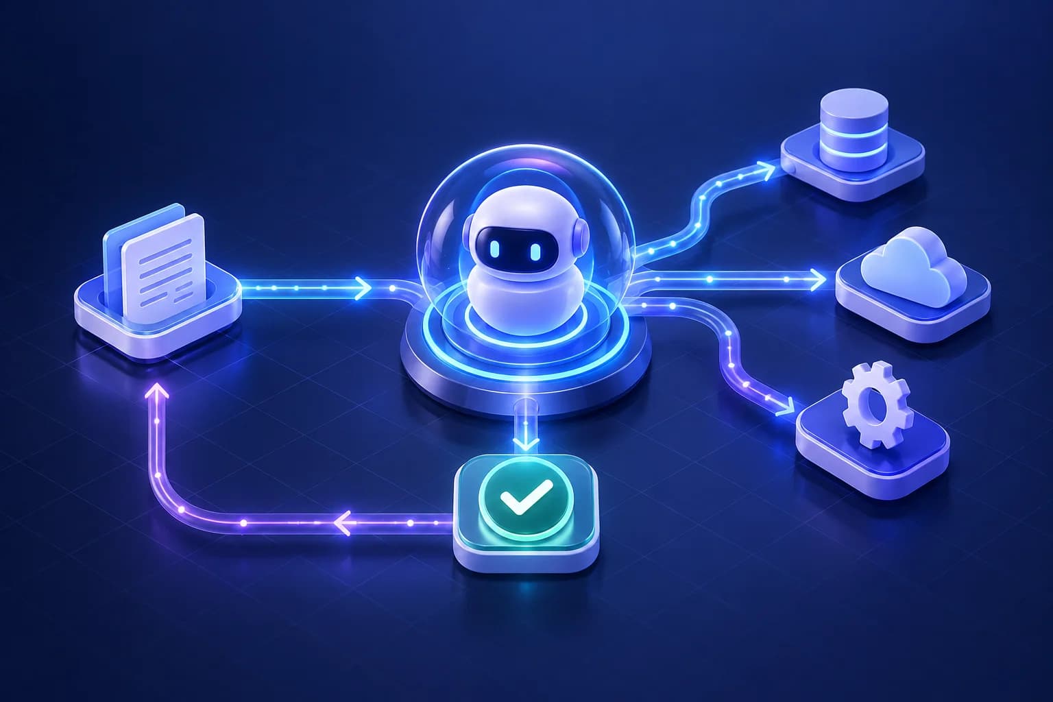 3D illustration of an AI agent connected to documents, cloud services, tools, and a human approval step.