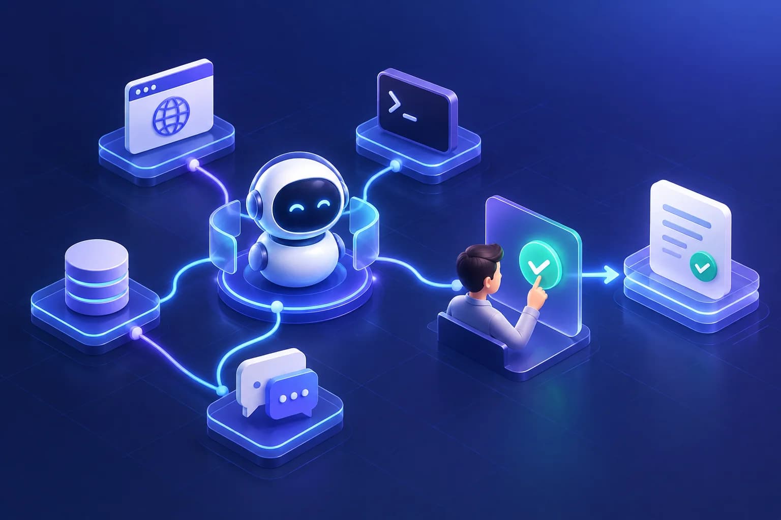 3D illustration of an AI agent connecting browser, terminal, database, and messaging tools, with a human approval gate.